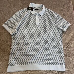 Alfani Mens Knit stretch Geo Print Short Sleeve Polo Shirt Blue XL